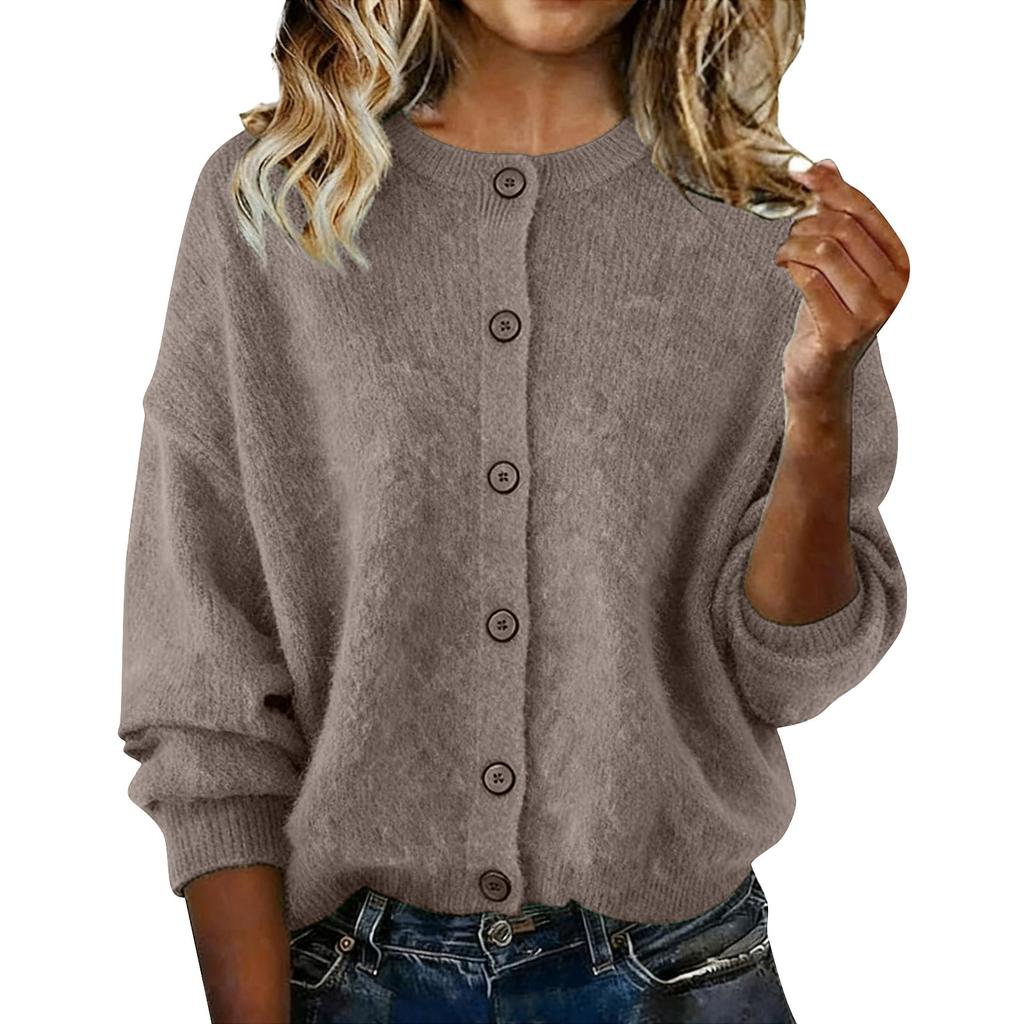 Women's Fashionable Casual Knitted Top Solid-Colour Long-Sleeved Cardigan Jacket