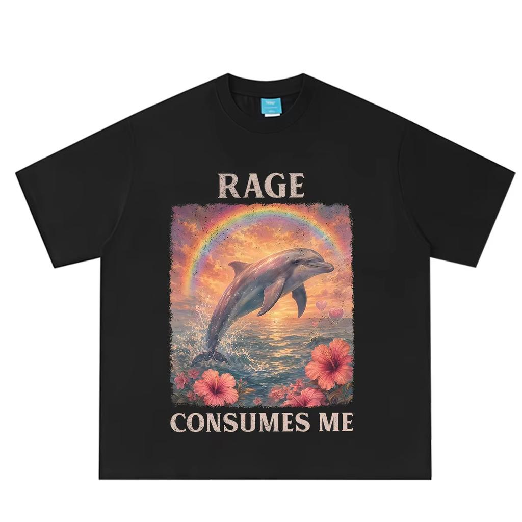 Rage Consumes Me Dolphin Funny Dolphin Meme T Shirt Men Women Hip-hop T-shirts Short-sleeved Casual Vintage Cotton T-shirts