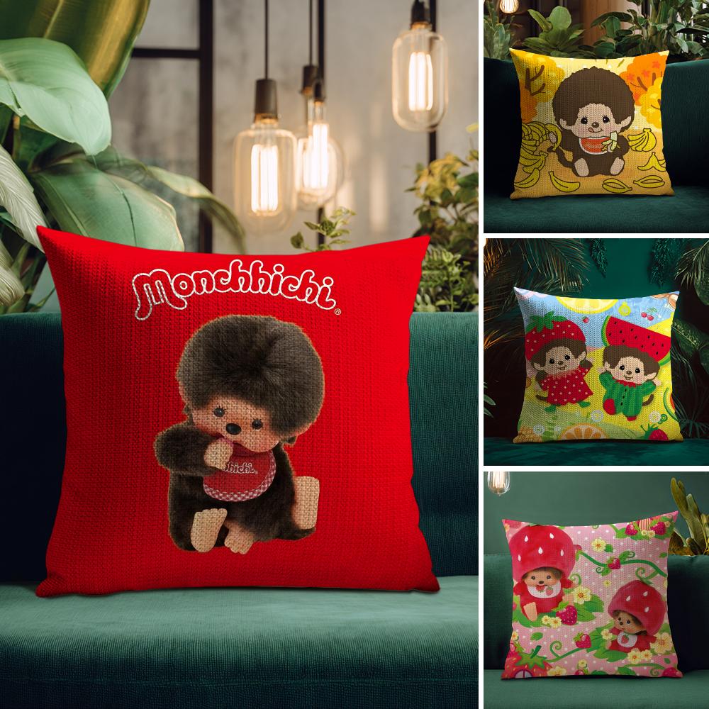 MMonchhichi Cute Cushion Cover Natural Linen Pillow Case DoubleSided Print Decorative Sofa Pillowcase Home Decor Gift