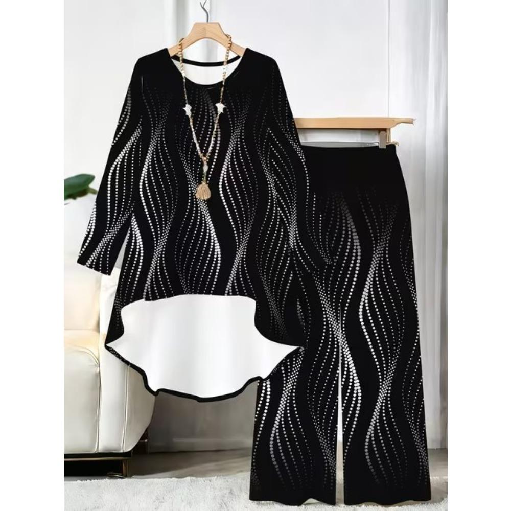 Geometric Pattern Print Two Piece Outfit Women Long Sleeve Irregular Hem Tunic Top Wide Leg Pants Casual Matching Set