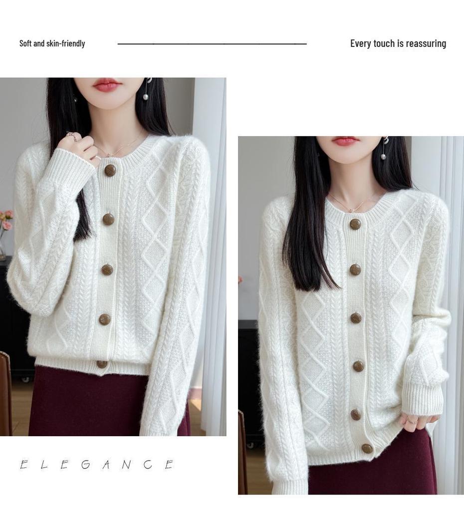 2026 Autumn/Winter Women's Pure Wool Cable Knit Cardigan Sweater - Thickened, Round Neck, Long Sleeve
