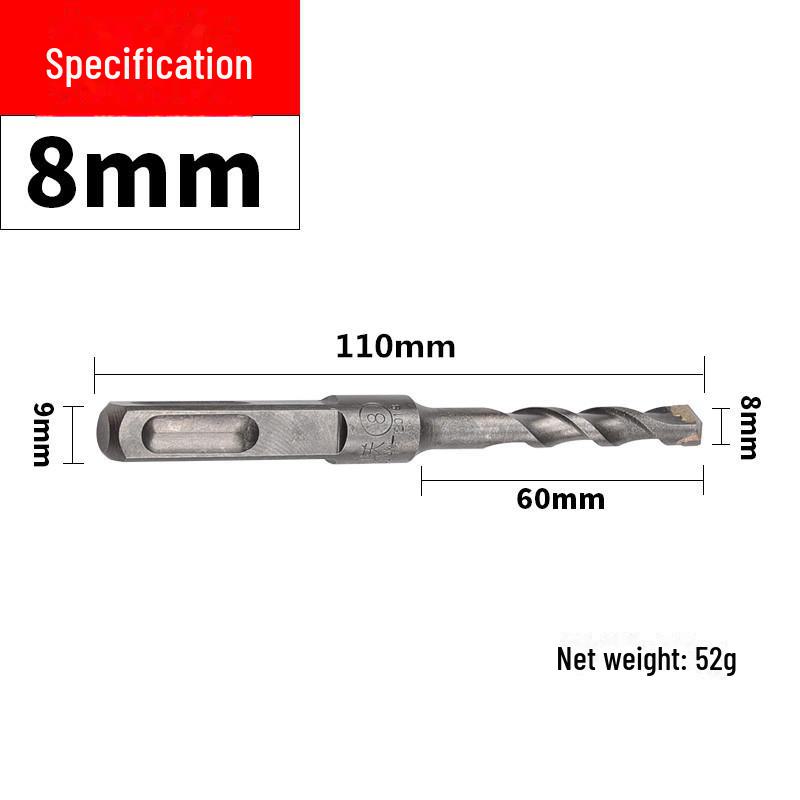 Impact Hammer Drill Bit for Drilling Through Concrete and Cement Walls with Round and Square Handles, Two Pits, and Two Grooves.