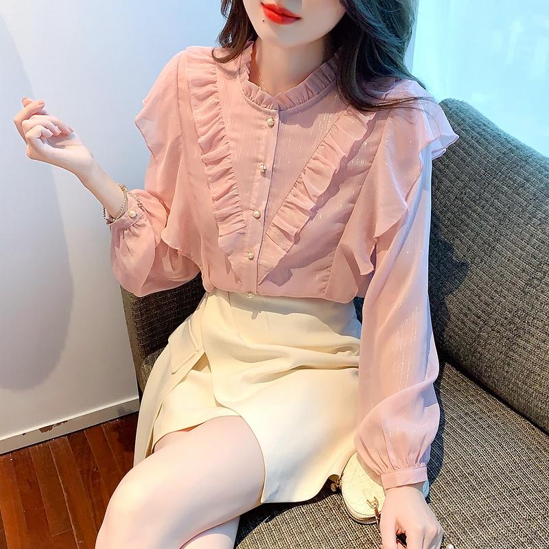 Fashion New 2024 Autumn Long Sleeve Stand Collar Casual Ruffles Chiffon Blouse Shirt Women Tops Blouses Shirts J554