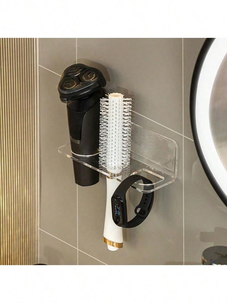 1pc No-Drill Bathroom Storage Shelf - Wall-Mounted Comb Holder With Anti-Slip Grid, Multifunctional For Toothbrush/Razor/Hair Clips