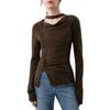 [ELLE] Drape Neck Ribbon Design Long Sleeve Cut and Sew Top, Brown (JP, Alphabet, M, Brown)