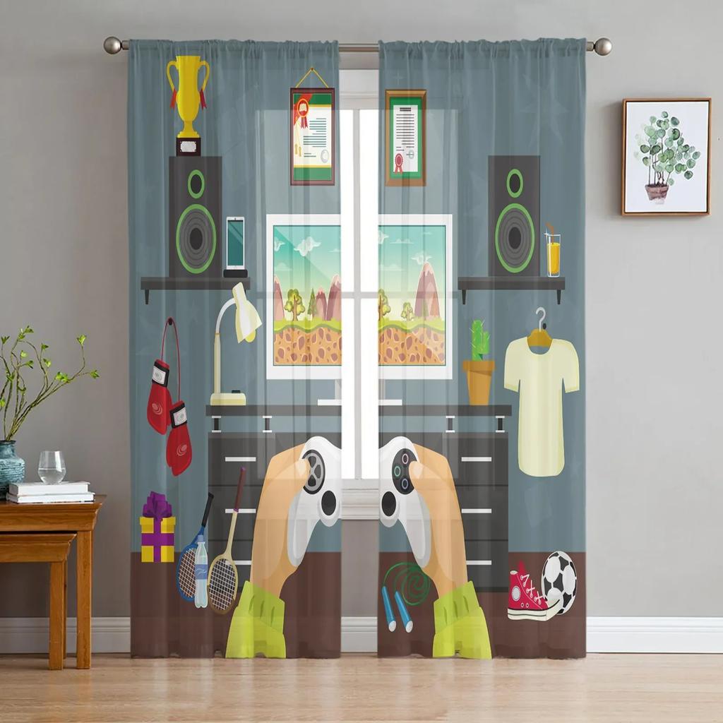 Hrát hru Černobílé Kreslené Graffiti Tylové Záclony Obývací Pokoj Ložnice Kuchyň Dekorace Šifonové Průsvitné Voálové Okenní Záclony