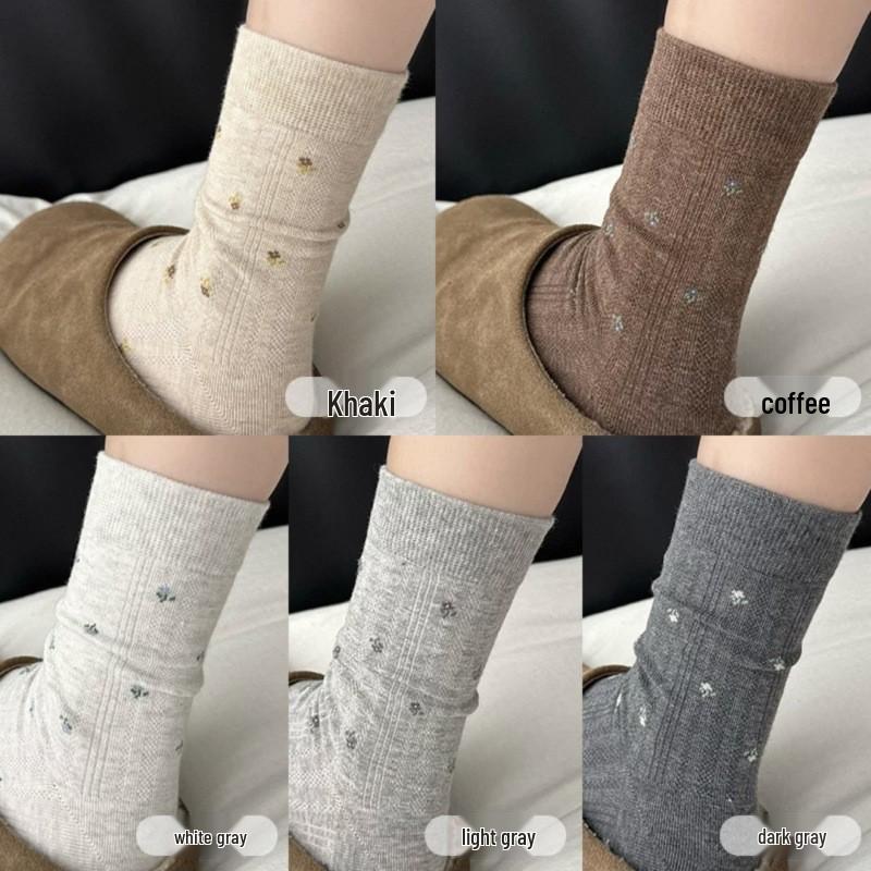 Women s Japanese-Style Spring & Autumn Mid-Calf Floral Cotton Socks One Size серый/белый