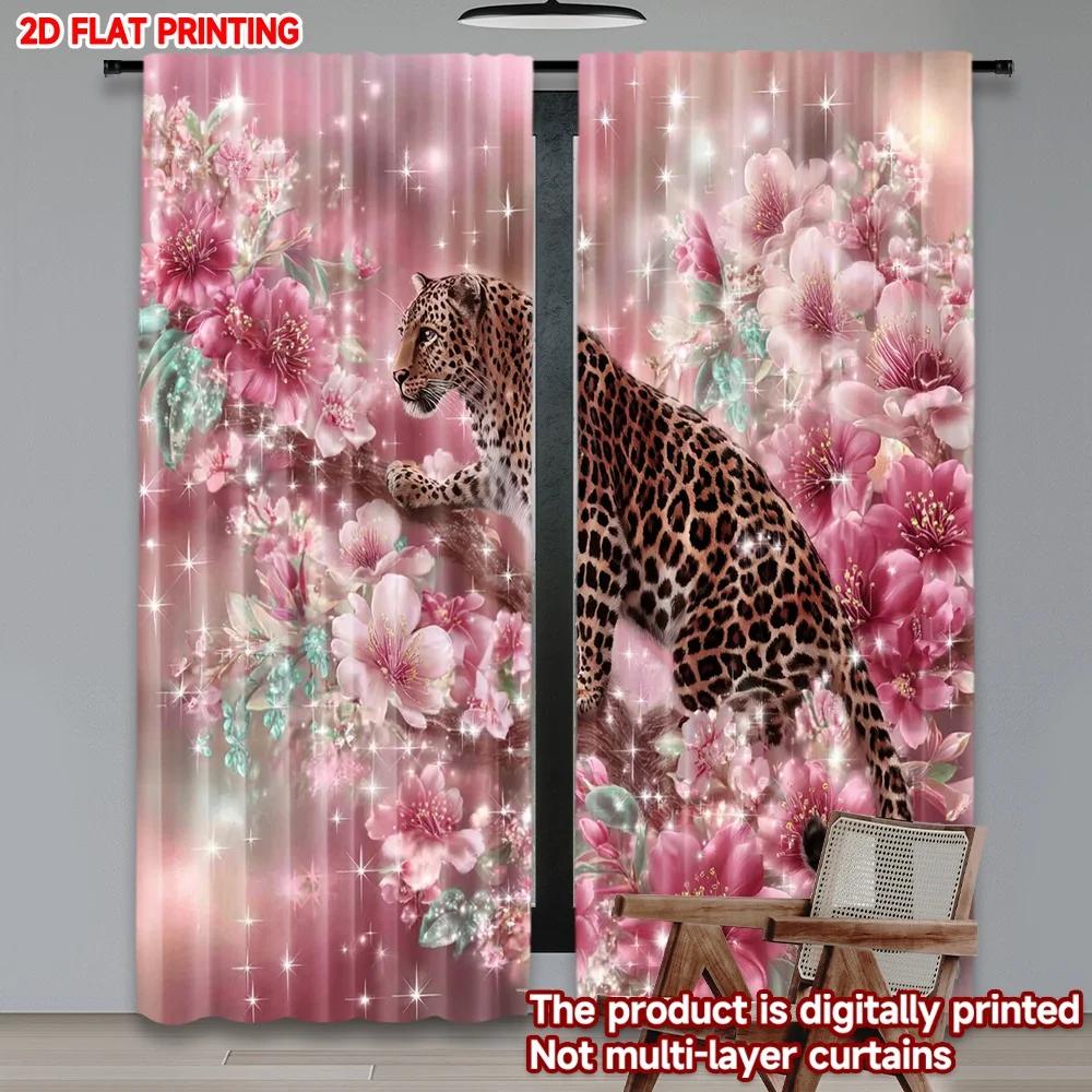 Modern Leopard Pink Flower Curtains Digital Printed Window Drapes Animal Floral Design Living Room Bedroom Decor Set Of 2 Made Polyester