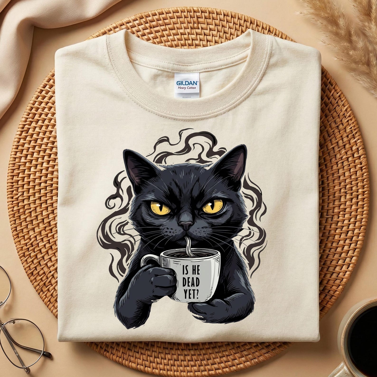 Black Cat Is He Dead Yet Coffee T-Shirt, Funny Cat Lover Shirt, Sarcastic Morning Coffee Tee, Dark Humor Cat Gift 4XL