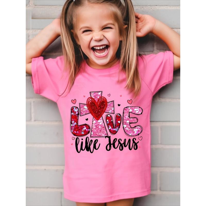 

European sizes Valentine S Day Girl LOVE Little Jusus Faux Sequined Letter Print Stylish And Versatile Round Neck T-Shirt 98cm розовый
