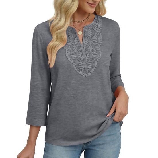Damen Oberteile Dreiviertelarm V-Ausschnitt T-Shirts mit Hohlstickerei Muster Lockerer Schnitt Freizeitbluse Tägliche Kleidung