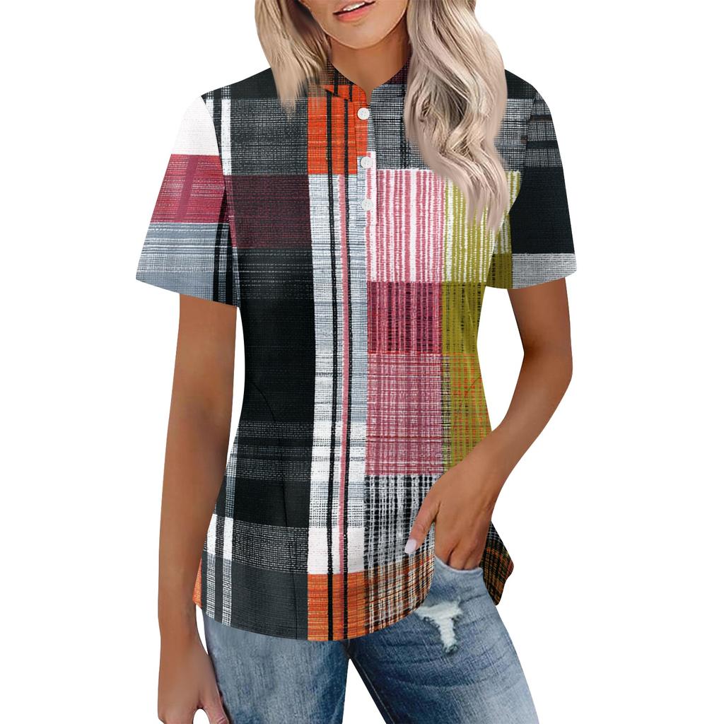 Women Casual Polo Shirt Short Sleeve Loose Fit Button Down Plaid Pattern Lightweight Top for Everyday Wear