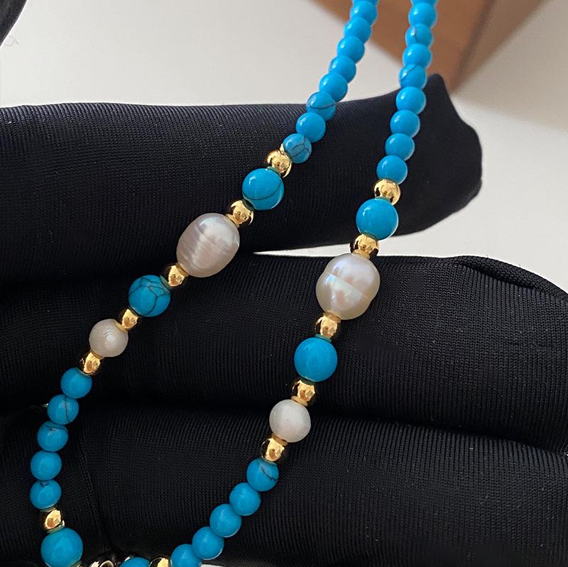 Turquoise Beaded Necklace with Christmas Tree Pendant and Pearl Choker 2025 Collection синий