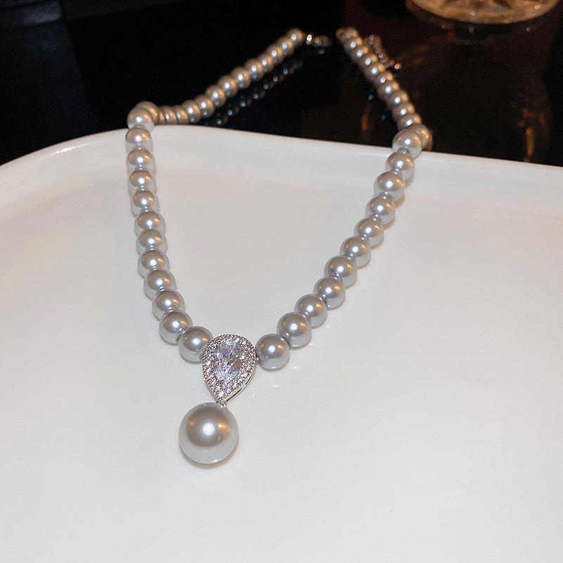 Pearl Zircon Teardrop Necklace French Style All-match High-end Pendant Light Luxury Clavicle Necklace Pearl Necklace for Women
