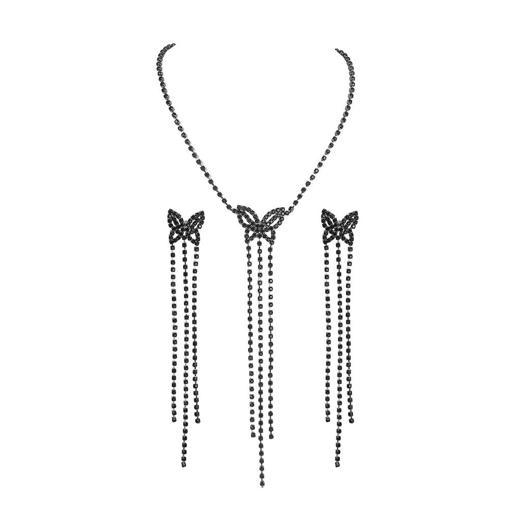 Black High-end Butterfly-shaped Long Fringed Necklace Earrings Set, High-end Sense Necklace Earrings Two-piece Set