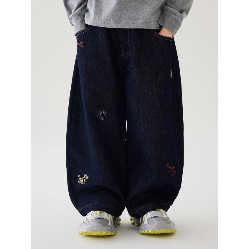Boys Loose Fit American Vintage Style Denim Jeans With Mountain Embroidery