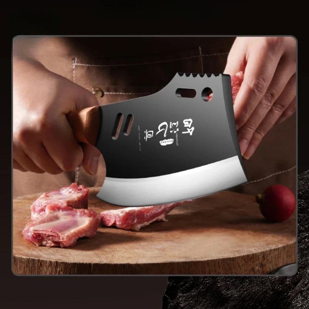 YUJIA A Heavy Bone-crushing Cleaver with A Curved Serrated Blade and A Wooden Handle
