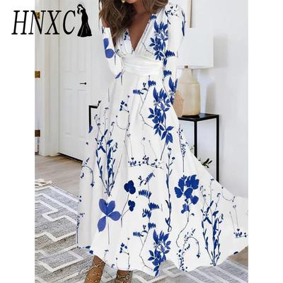 HNXC Women's Fashion Autumn Winter Floral Print Long Sleeve V-Neck High Waist Casual Dresses