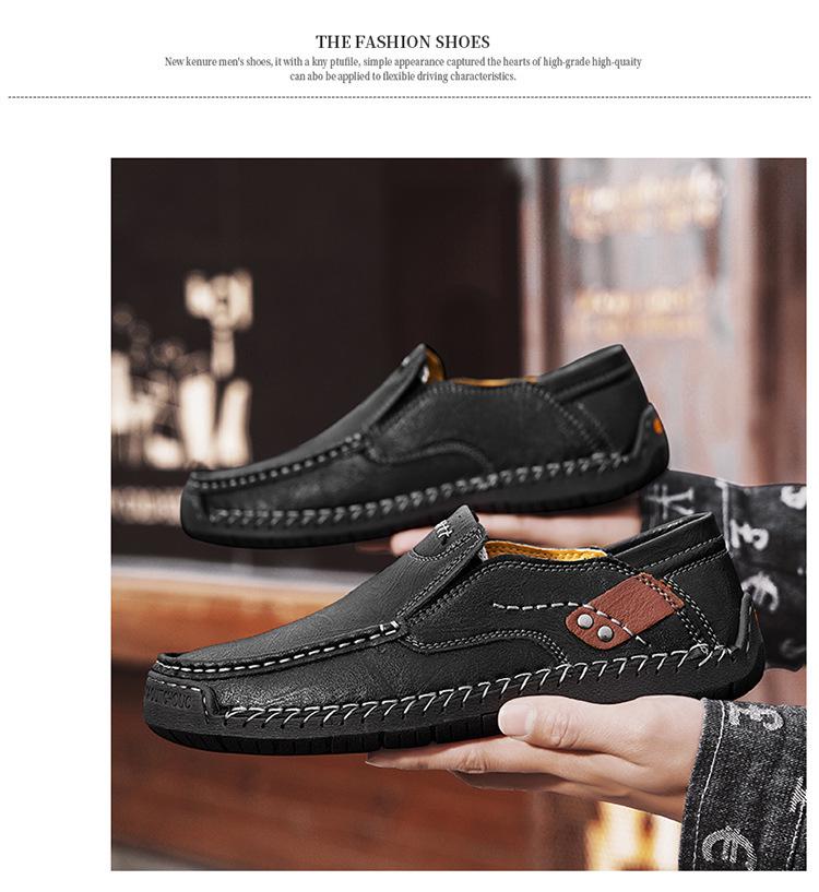 Hand-Stitched Men’s Leather Slip-On Loafers - Outdoor Casual, Low-Top, Plus Size.