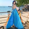 Belle Robe Bleue à Col Halter pour Vacances au Bord de la Mer, Robe Plissée Piano Irrégulière pour le Voyage