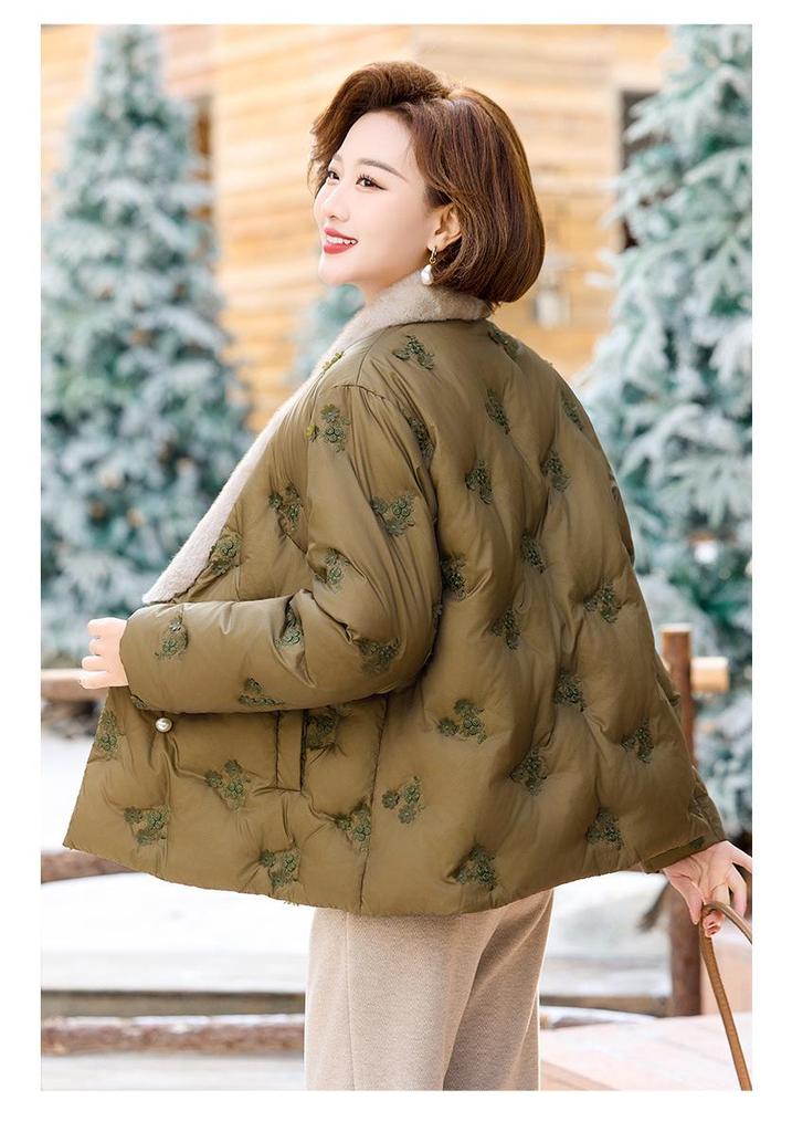 New Arrival: Embroidered Patchwork Down Jacket with Fur Collar for Middle-Aged & Elderly Mothers - Chinese Style Winter Outerwear