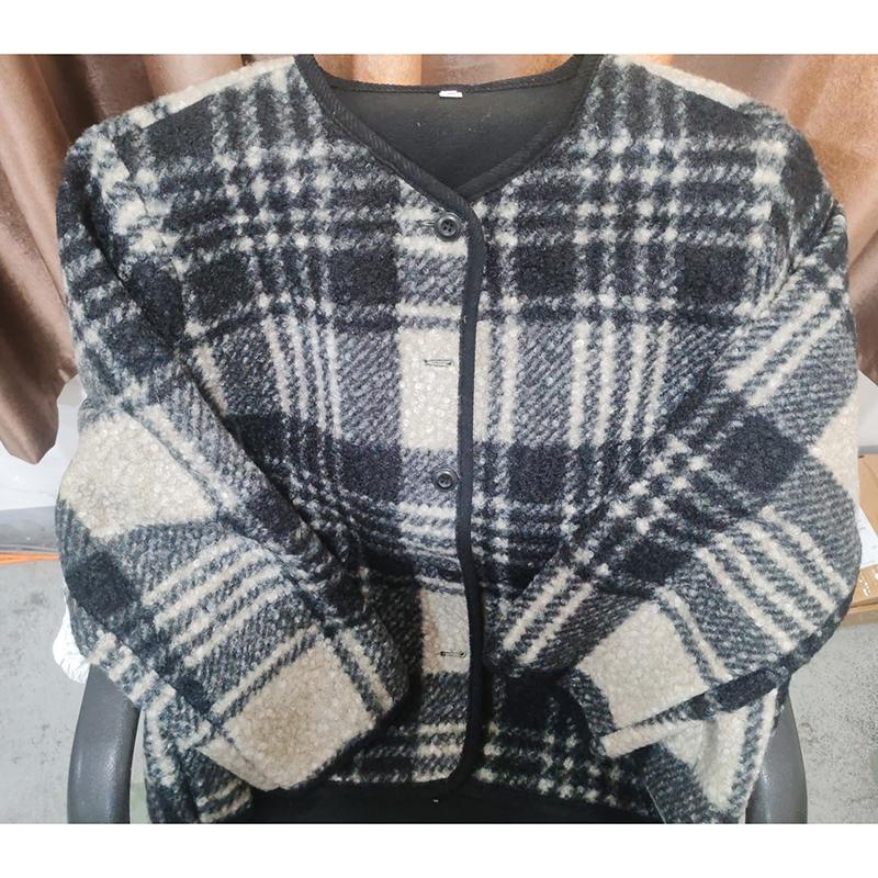 Women Check Pattern Woolen Coat Causal Loose Long Sleeves Jacket Fashion Warm Round Neck Single Breasted Buckle Outerwear Spring Autumn