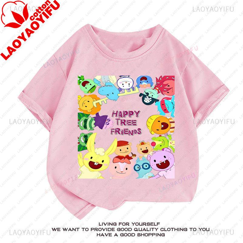 Camiseta Happy Tree Friends Estilo Kawaii Lindo Abrazos Dibujos Animados Gráfico Manga Corta Camiseta Oversize Casual Divertido Ropa Y2k