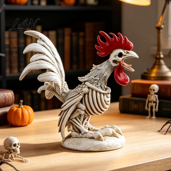 Spooky Gothic Home Ornament Halloween Skeleton Rooster, Lifelike Chicken Decoration, Animal Festival Gift for Collectors Bone Statue Desktop