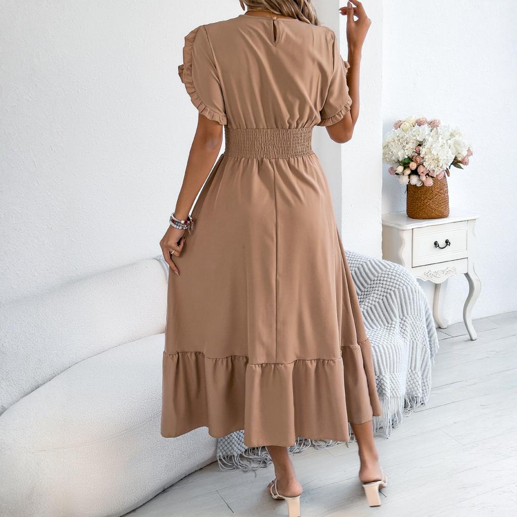 Women's Fashionable Casual Color Off Shoulder Black Fungus Edge Short Sleeved Pleated Waist Dress