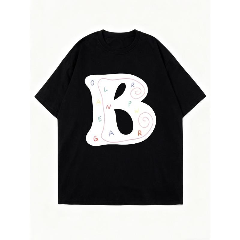 Nadměrné tričko černé písmeno B s barevným potiskem abecedy ležérní oblečení pro ženy