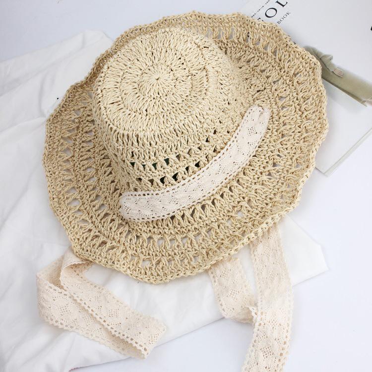 Versatile Style Hat Straw Woven Hollow Lace Strap Womens Sunshade Hatscaps