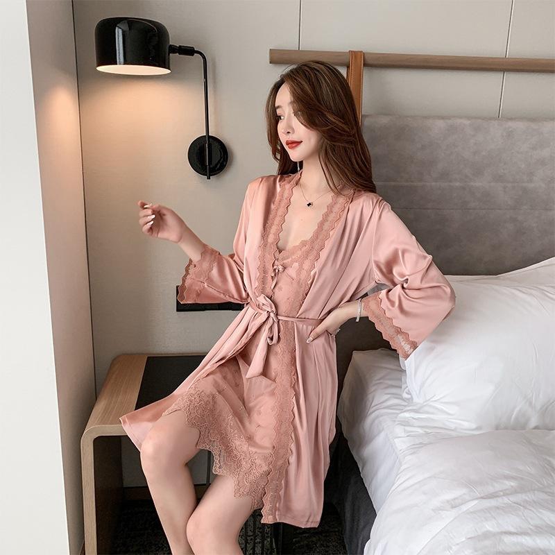 Pajamas Female Sexy Ice Silk Thin Ins Wind Summer New Lace Nightdress Two-piece Loungewear Spring and Autumn