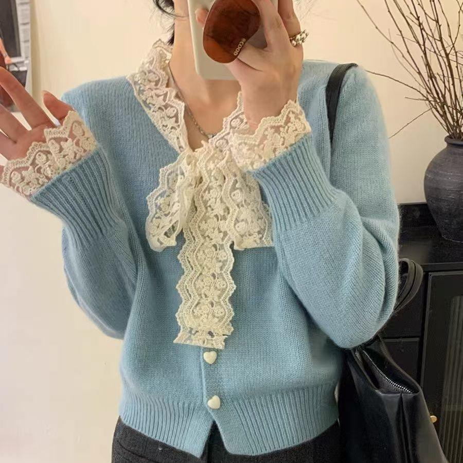 

Lace and Pearl Cardigan Women s Bow Knitted Cardigan Loose Sweater for Autumn and Winter Long-sleeved Top Coat S синий