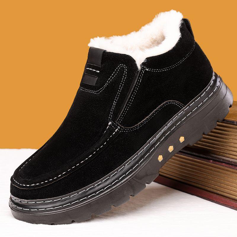 Men's Winter Fleece Thickened Cotton Boots High Top Genuine Leather Slip Resistant Soft Sole Snow Boots Korean Fashion Design