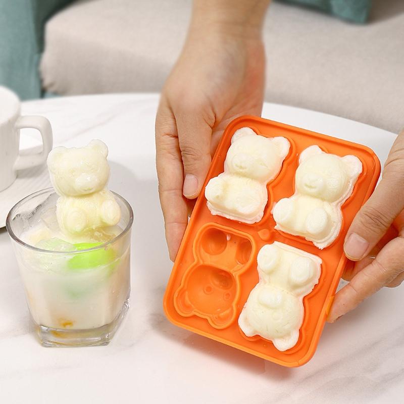 Bear Ice Mold Silicone 4 Grid Ice Tray Diy Home Kitchen Ice Cube Tray Frozen Coffee Milk Tea Ice Molds Cocktails Kitchen Tool