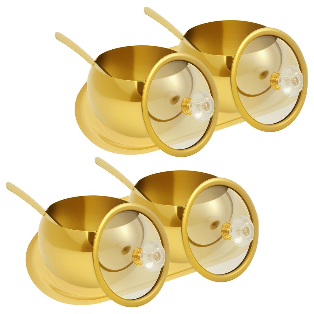 8.79oz Sugar Jar Stainless Steel Seasoning Jar with Glass Lid and Spoon Gold Spice Jar and Serving Tray Seasoning Container