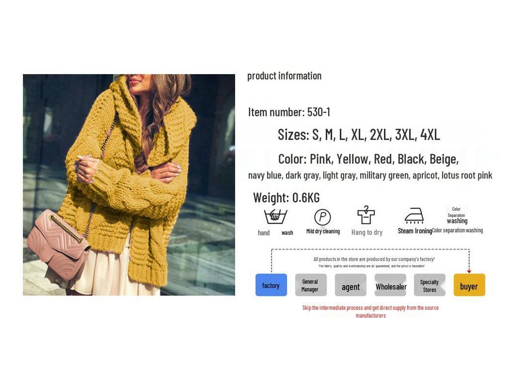 Women's Chunky Cable Knit Cardigan Hat Set - 2025 Autumn/Winter European & American Style Solid Sweater