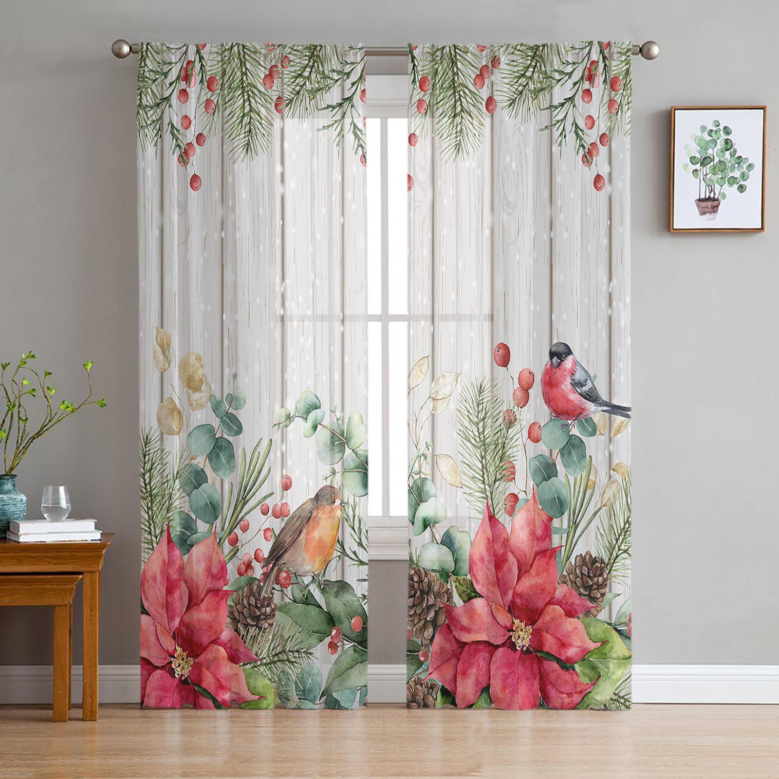 

Рождественско-зимние елочные эвкалиптовые ягоды прозрачные шторы для гостиной, спальни, кухни, украшения, вуали, тюлевые занавески из органзы 135W x 114H(cm)