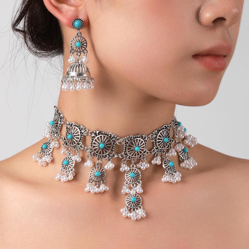 European Retro Tassel Necklace and Earring Set for Women