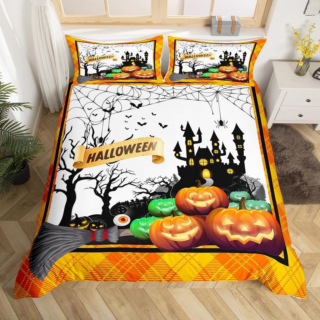 Halloween Bedding Set Full, Pumpkin Lantern Duvet Cover Castle Bat Pattern Comforter Cover, Cartoon Horror Festival Quilt Cover
