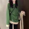 Contrast Color Fake Two-piece Bottoming Shirt for Women Autumn Winter Loose Mid-length Long-sleeved T-shirt Top