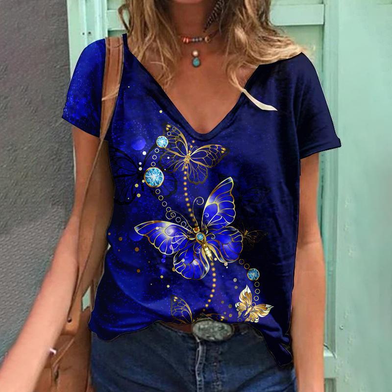 2023 Women T-Shirts Butterfly Y2k Female Tops Clothing Summer 3D Short Sleeve Print Tees Harajuku Kawaii Oversized Loose V Neck T Shirts