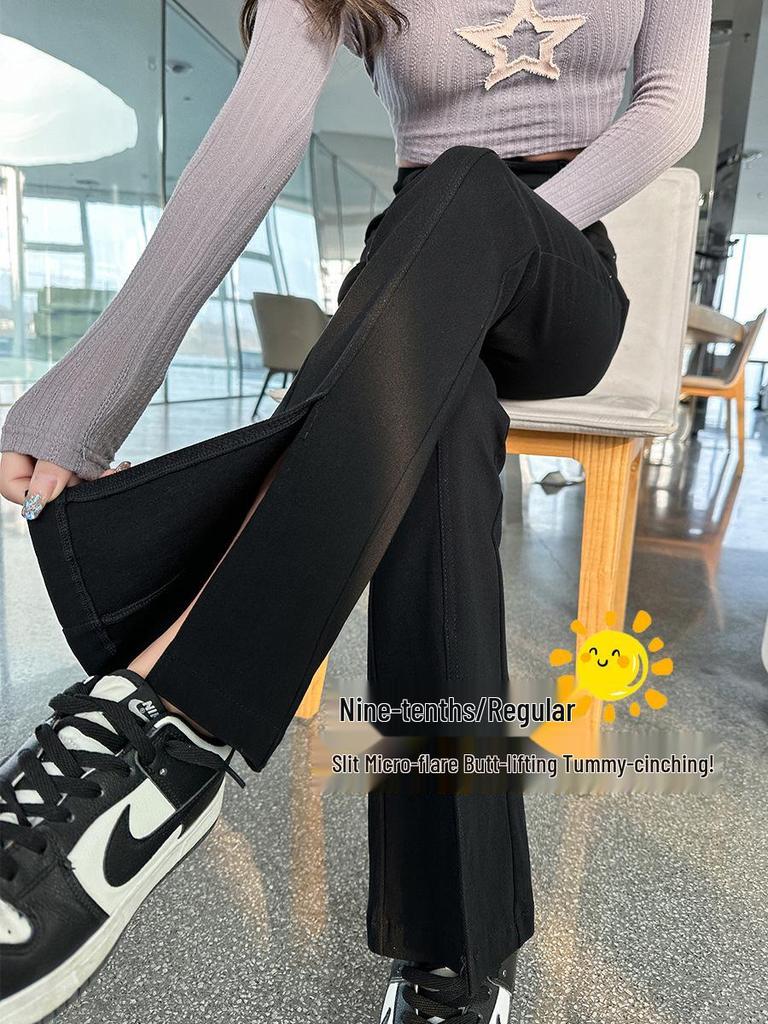 Women's Black High-Waist Flare Jeans with Split Hem - Slimming Petite Spring/Autumn Style 2025.