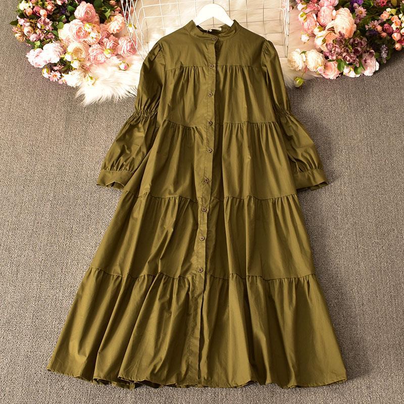 

YYFS Женская мода весна осень однотонный принт длинный рукав О-образный вырез свободная талия повседневные платья Size: One Size армия зеленый