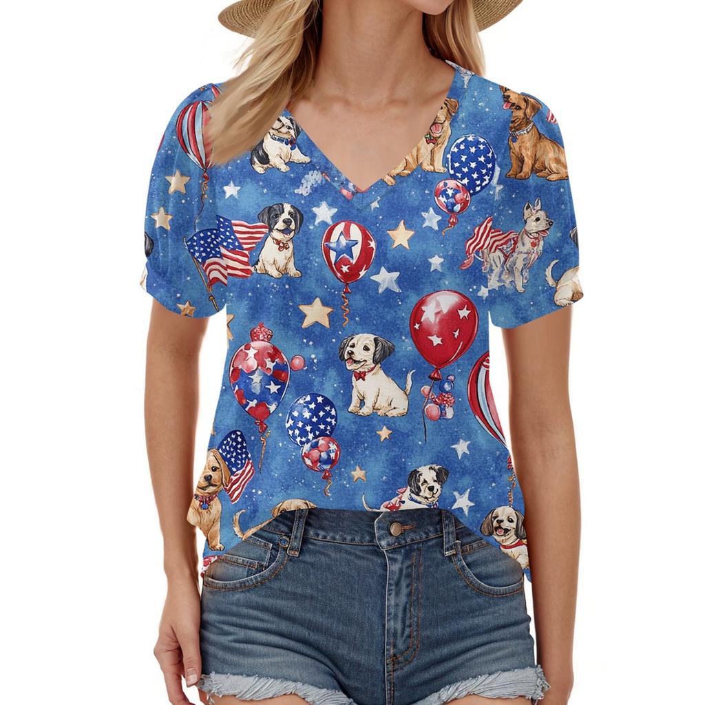 Women's Fashion Independence Day Print Top Puff Short Sleeve V-neck T-shirt Loose Casual T-shirt