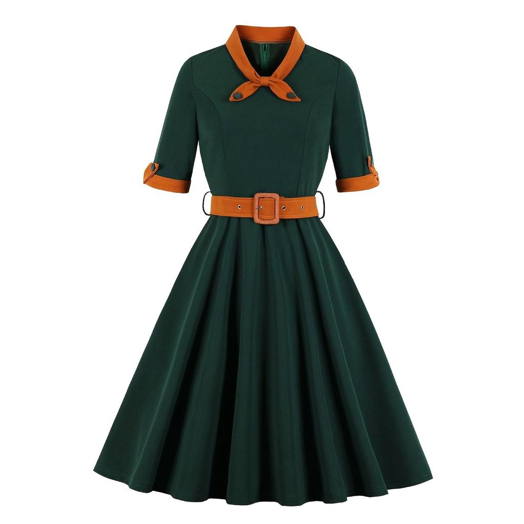Women's V-neck Slim-fitting Short-sleeved Retro Dress With Big Swing Skirt