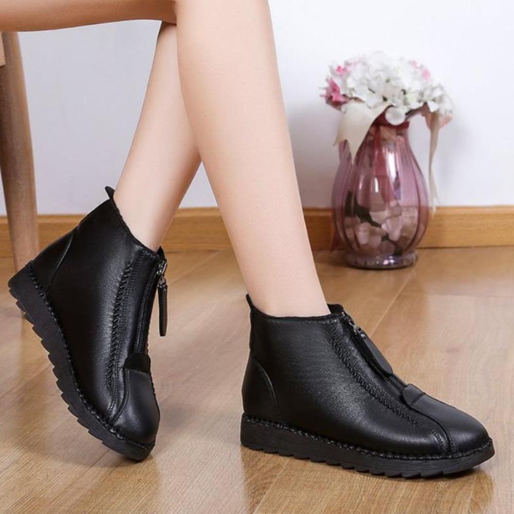 Winter Women Ankle Boots Fashion Warm Mother's Boots Flat-Bottom Comfortable Non Slip Front Zipper Closure Female Footwear