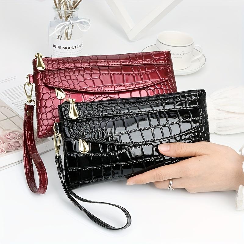 Zipper Clutch with Coin Storage Elegant Crocodile Pattern Faux Leather Wallet Envelope and Zip Pocket, Fashionable Long Clutch for Women