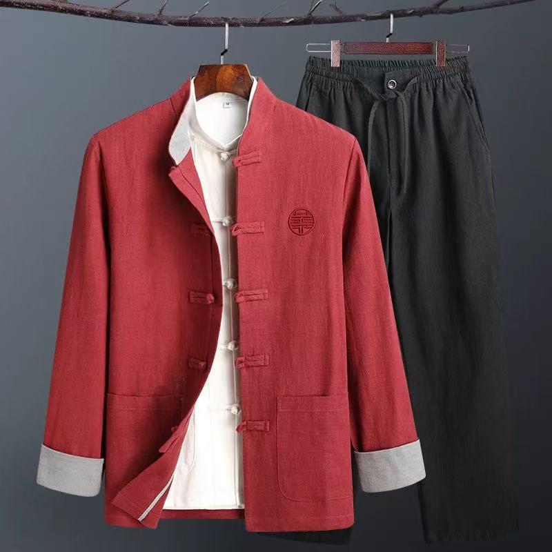 Men's Retro Chinese Tang Suit: Spring/Autumn Cotton Linen 3-Piece Set with Long Sleeve Frog Button Hanfu Coat