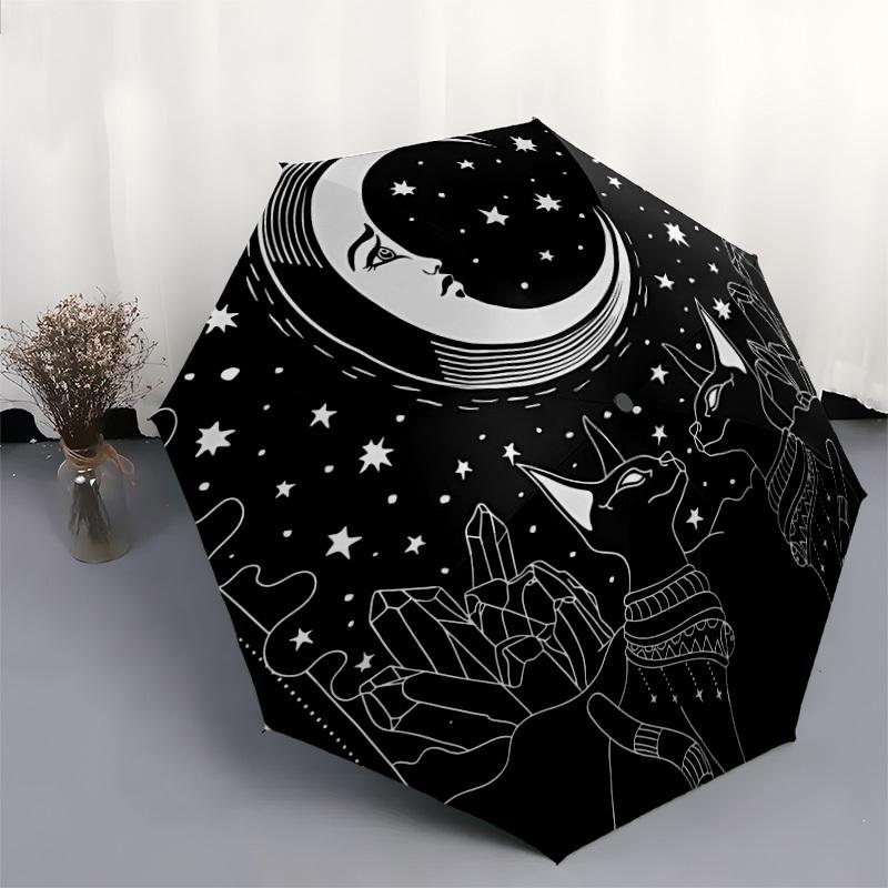 1 Stück Ägyptische Katzen Mond Sterne Kristalle Regenschirm mit Kunststoffgriff, Geeignet für Alle Jahreszeiten Zuhause Reise Outdoor RegenschirmDD116